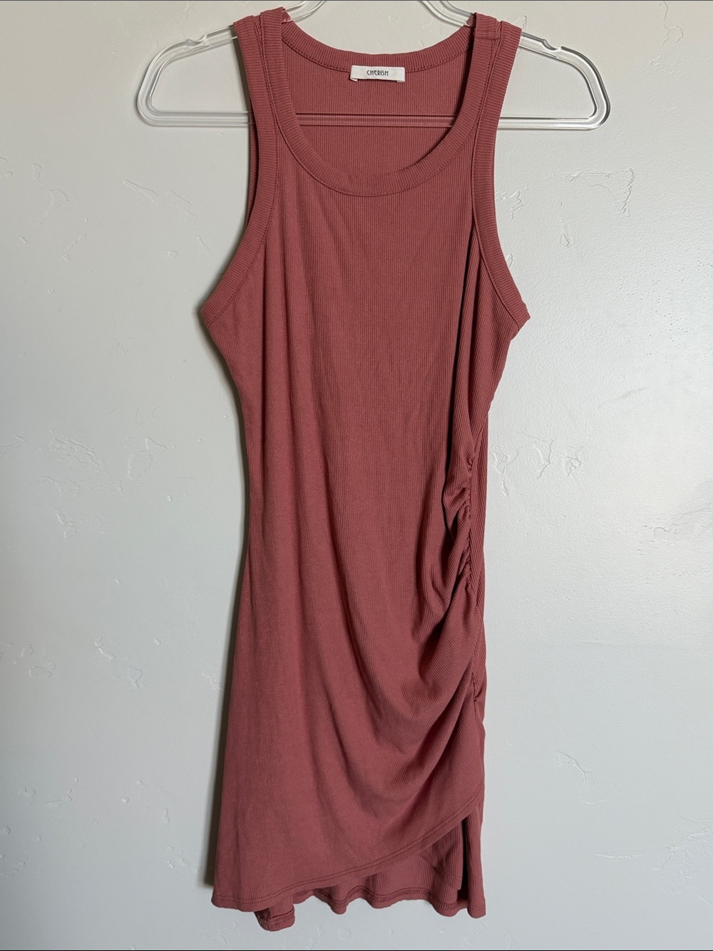 Cherish Sleeveless Ruched Midi Dress in Rose Pink Ribbed Bodycon Dress Small